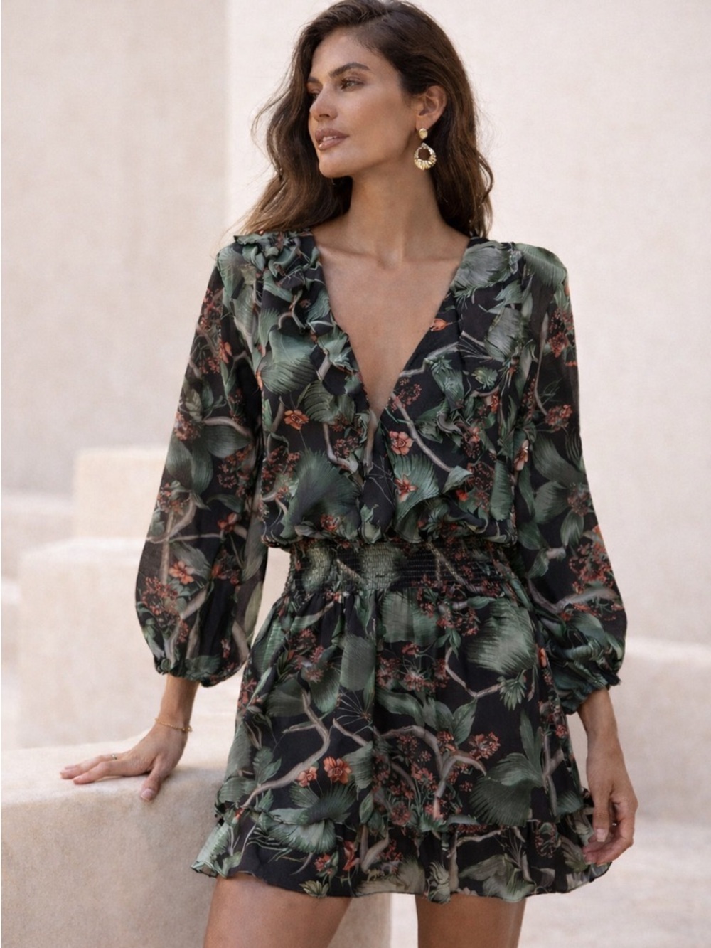 Johanna Ortiz x H&M Floral Mini Dress Black Green Tropical Long Sleeve S